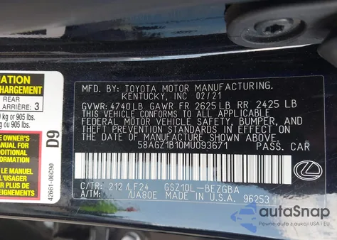 2021 Lexus Es 350 F Sport from USA, damaged, VIN 58AGZ1B10MU093671